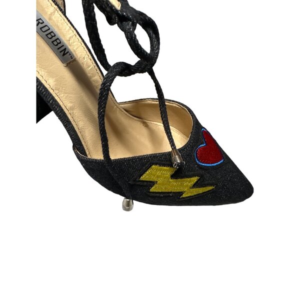 Cape Robin Denim Sandals Patches Block Denim Heels Strappy Ankle Point Toe 8 - Picture 8 of 13